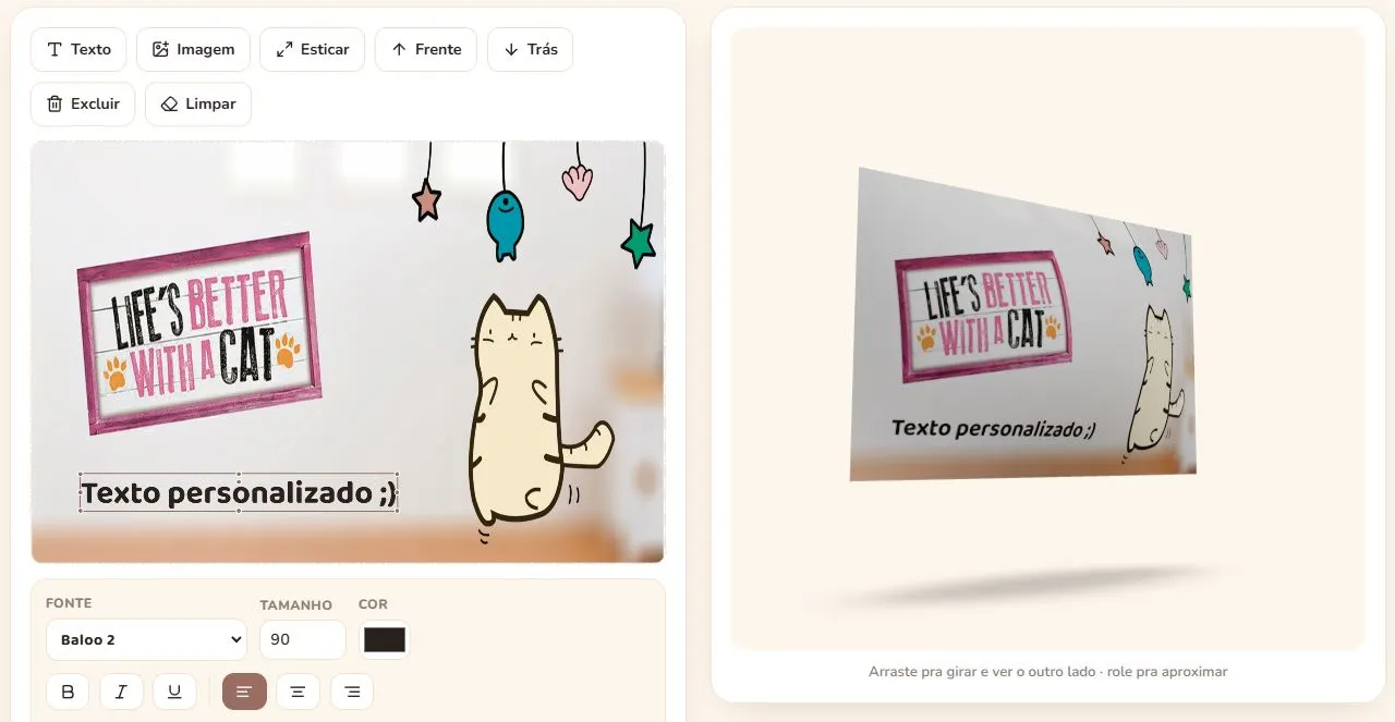 Editor online da bbell com uma almofada sendo personalizada